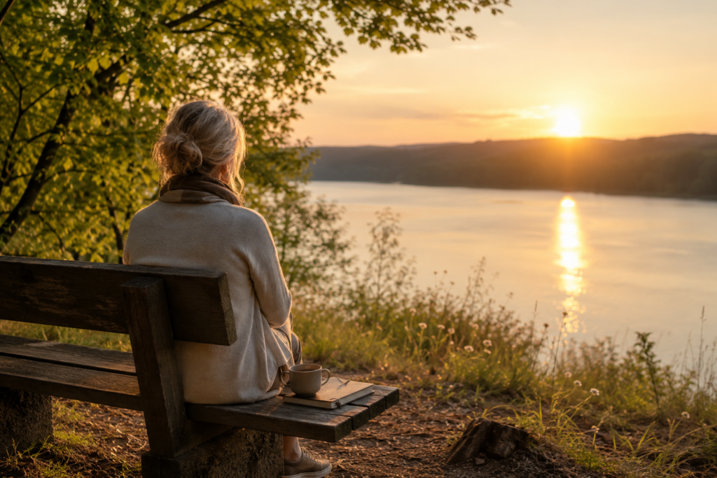 Frau sitzt auf einer Bank in der Natur und blickt nachdenklich in den Sonnenuntergang.