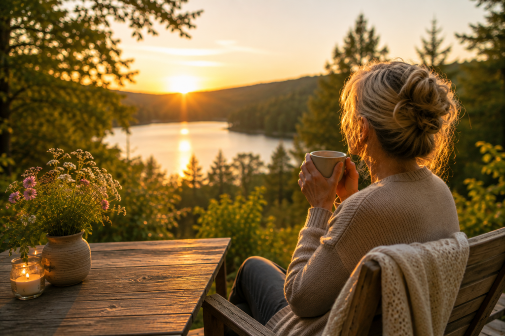 Frau genießt einen ruhigen Moment in der Natur bei Sonnenuntergang – Erholung ab 50.