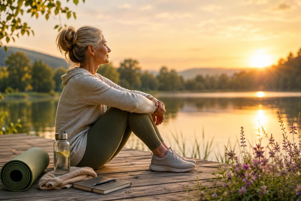 Frau über 50 sitzt entspannt am See bei Sonnenuntergang und genießt einen ruhigen Moment nach Bewegung und Entspannung.
